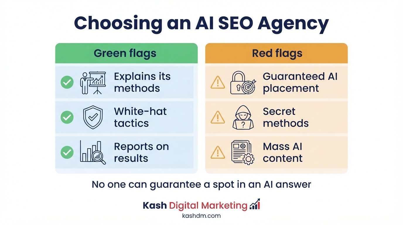 What an AI SEO agency does and how to choose one: white-hat methods, real reporting and no guaranteed-placement promises.
