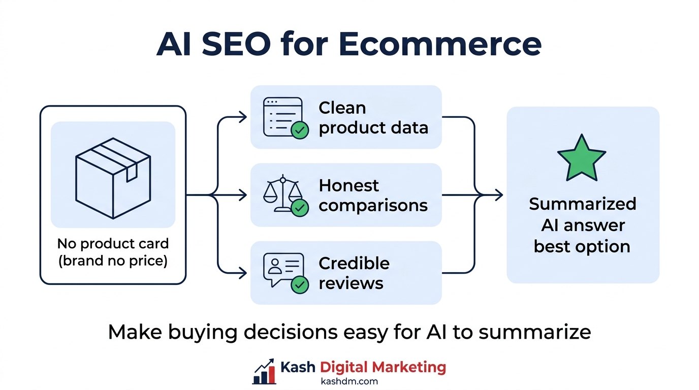 AI SEO for ecommerce: clean product data, honest comparisons and credible reviews that AI answers can summarize and cite.