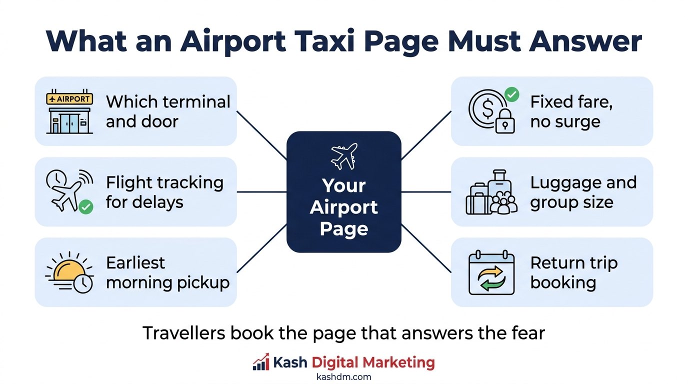 Airport taxi SEO: terminal pickup detail, flight tracking, fixed pricing and early morning reliability on a dedicated airport page.