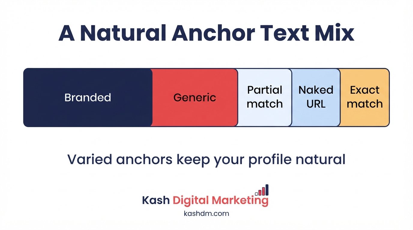 Anchor text strategy: a natural mix of branded, generic and keyword anchors that avoids over-optimization.