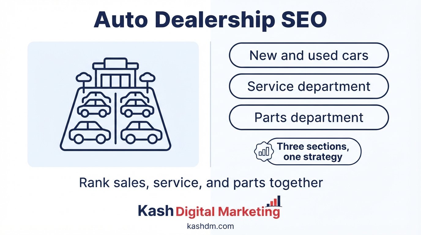 Auto dealership SEO: a dealership website with sales, service and parts sections optimized for local search.