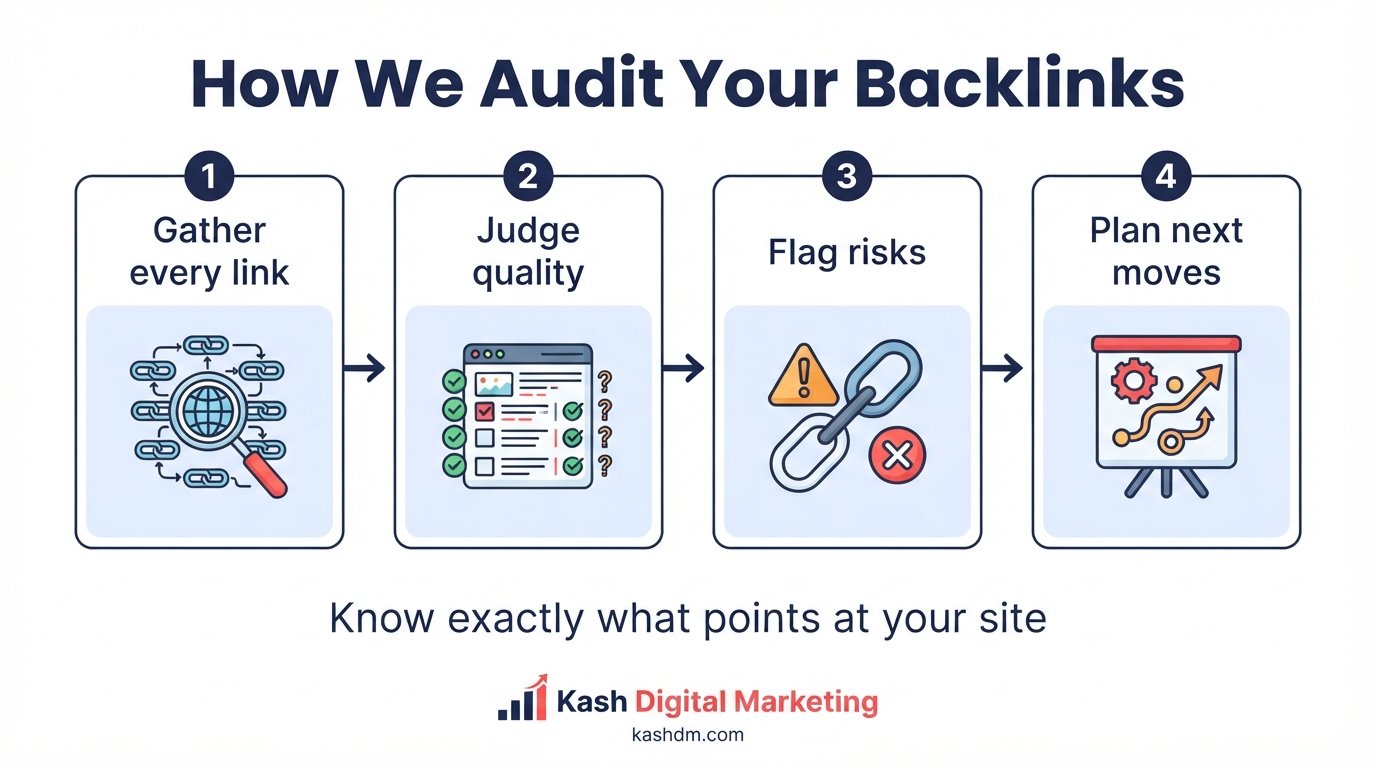 Backlink audit process: referring domains, authority, anchor text, toxic links and competitor gap analysis.