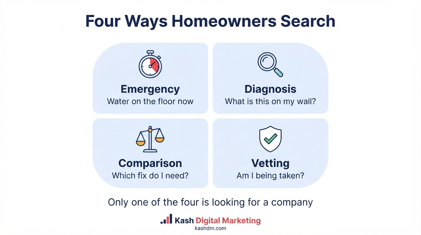 Four ways homeowners search about basement water: emergency, diagnosis, solution comparison and vetting a contractor.