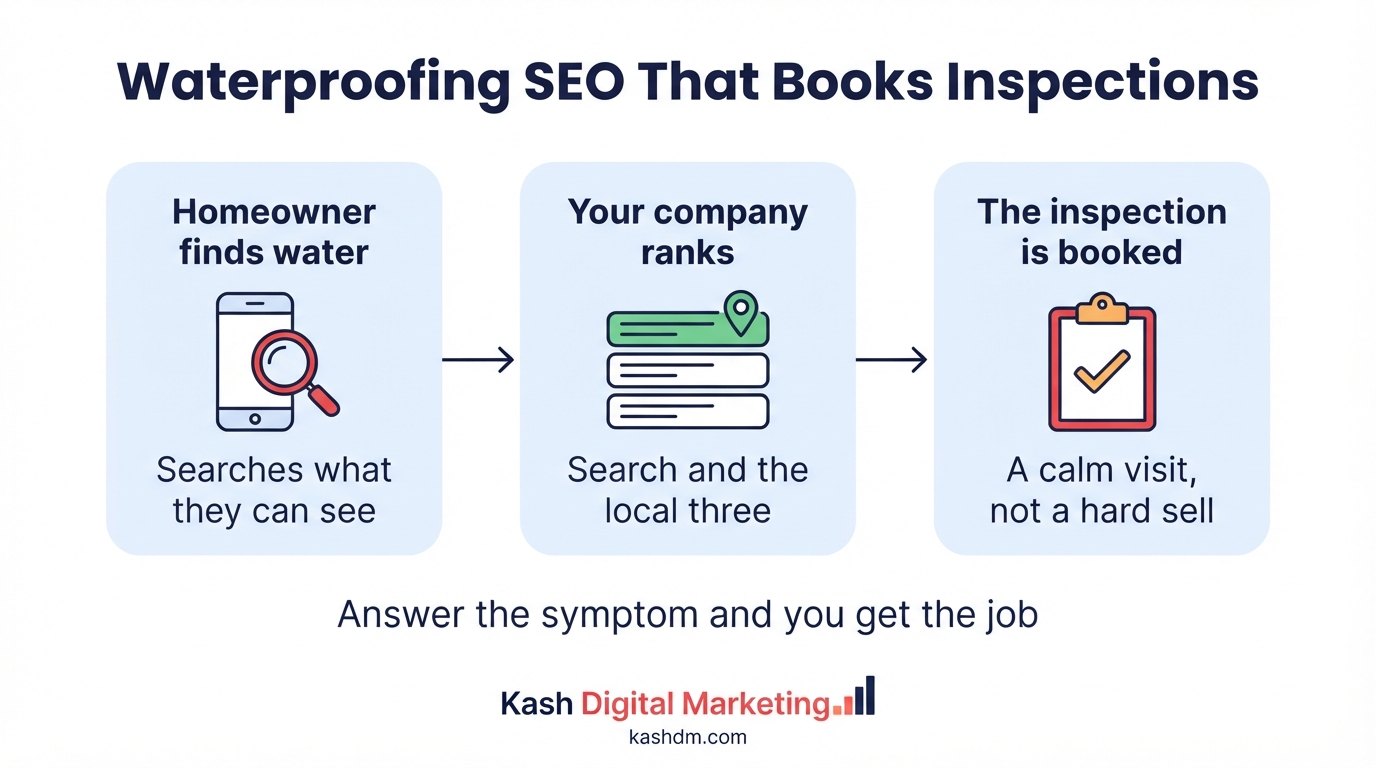 Basement waterproofing SEO: a homeowner searching about water in the basement, the contractor ranking in Google, and the inspection booked.