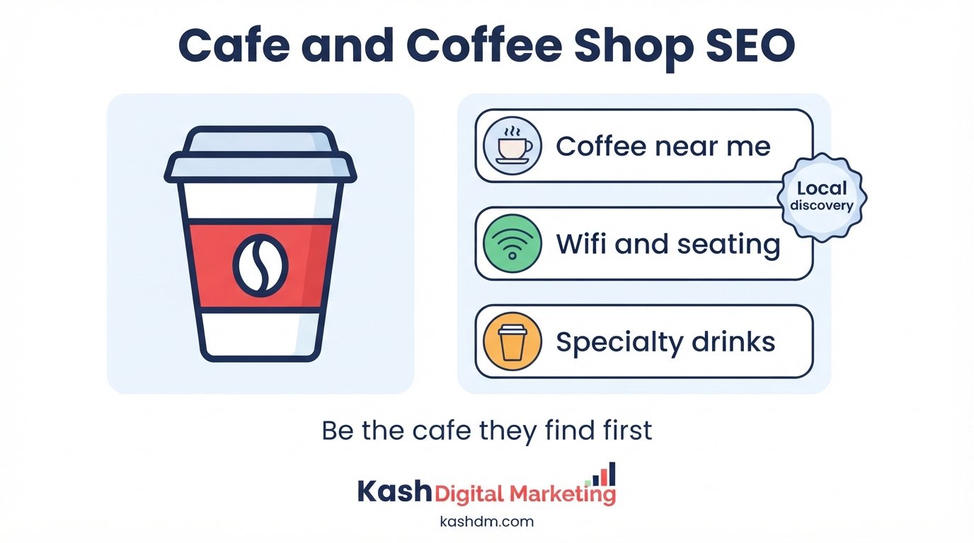 Cafe and coffee shop SEO: a coffee shop profile showing wifi, seating and specialty drink photos.
