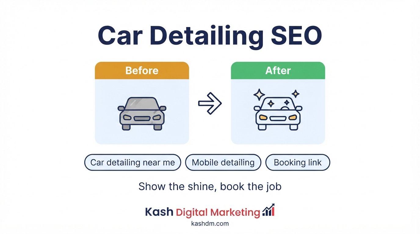Car detailing SEO: before-and-after photos of a detailed vehicle on a mobile detailing Google profile.