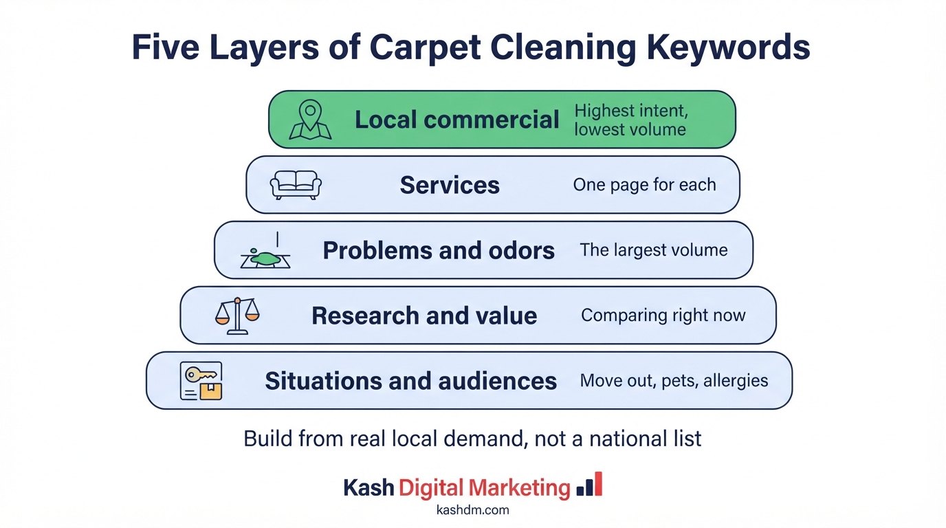 Five layers of carpet cleaning keyword research from commercial local terms to audience terms.