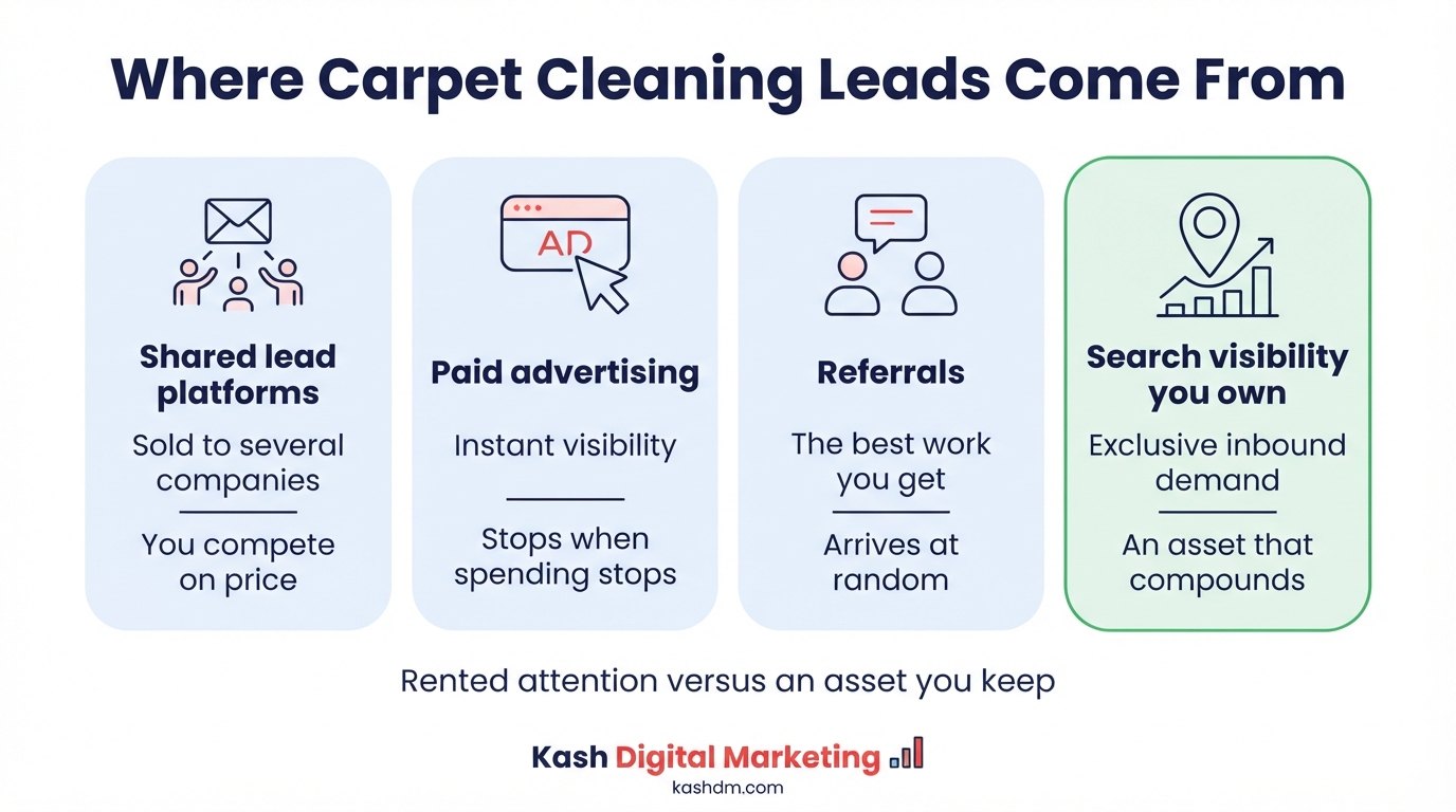 Comparison of carpet cleaning lead sources: shared lead platforms, paid ads, referrals and owned search visibility.