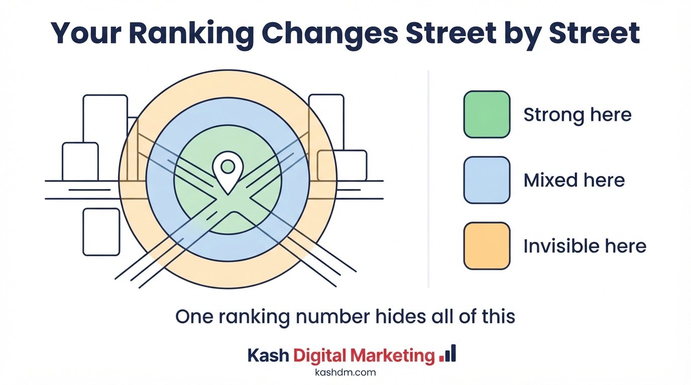 A geographic grid showing how a carpet cleaning company's Google Maps ranking changes across a metro area.