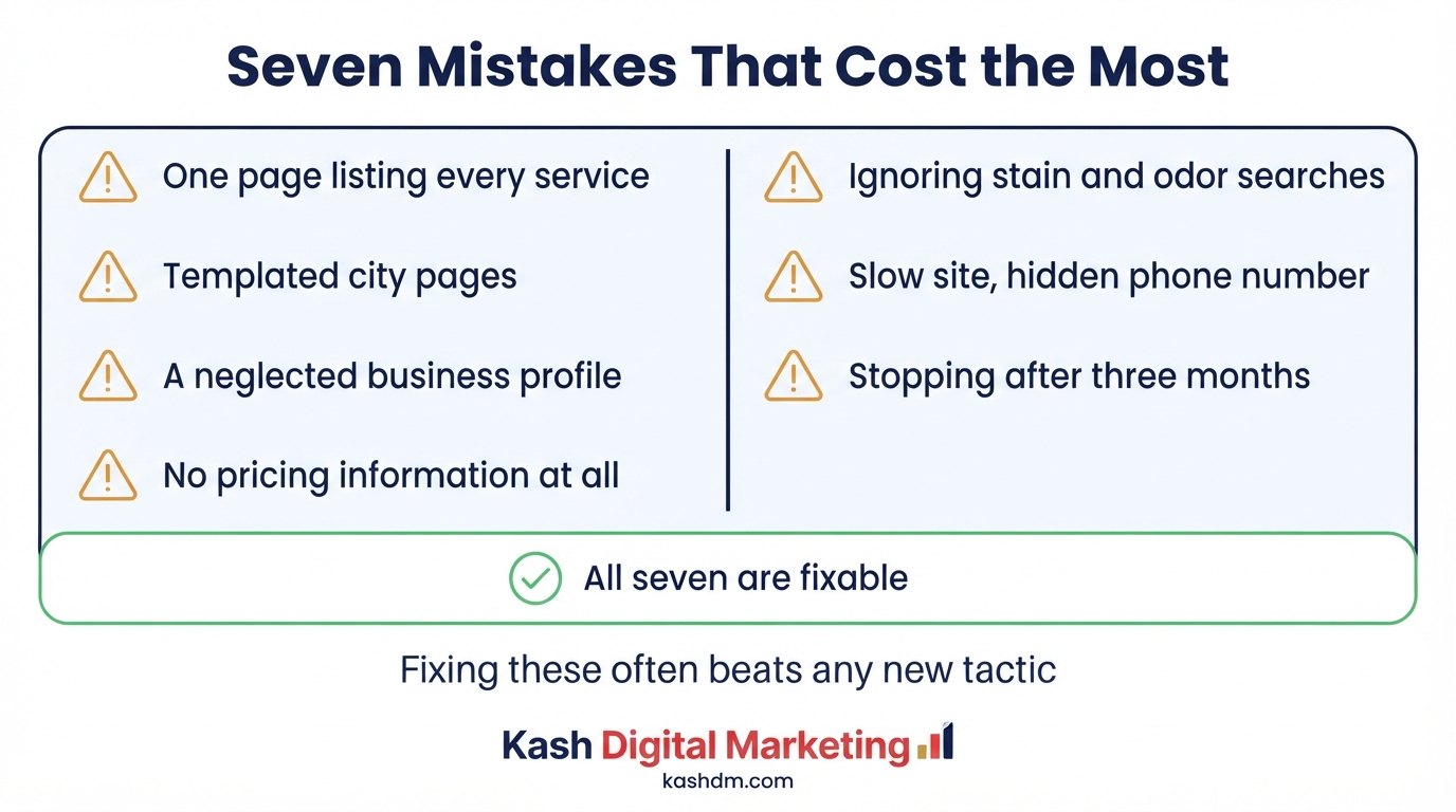 Common carpet cleaning SEO mistakes: one services page, templated city pages, neglected profile and slow site.