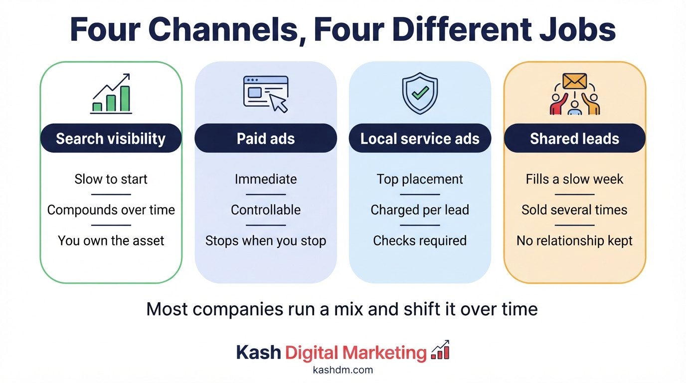 Carpet cleaning lead channels compared: SEO, PPC, Local Services Ads and shared lead platforms.