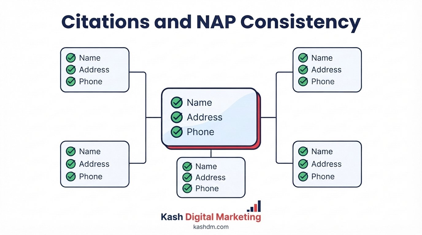 Local citation building and NAP consistency: matching business name, address and phone across directories.