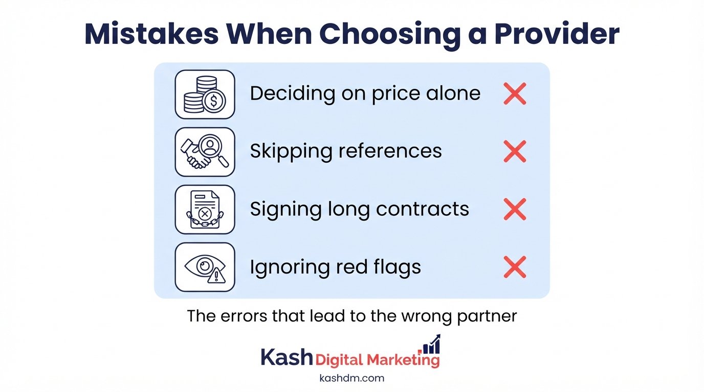Common mistakes when choosing an SEO provider: price-only decisions, skipped references and long contracts.