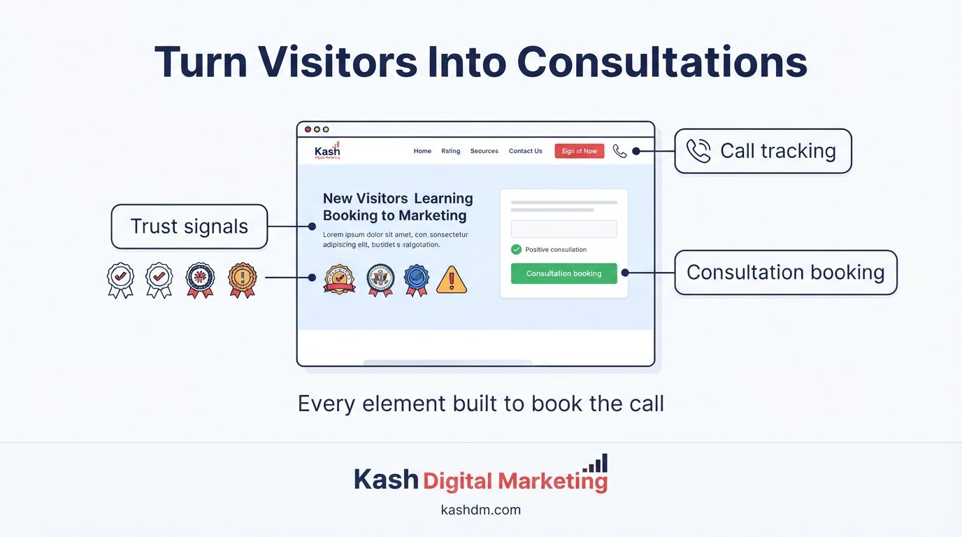Conversion optimization for professional services: trust signals, consultation booking and call tracking near CTAs.