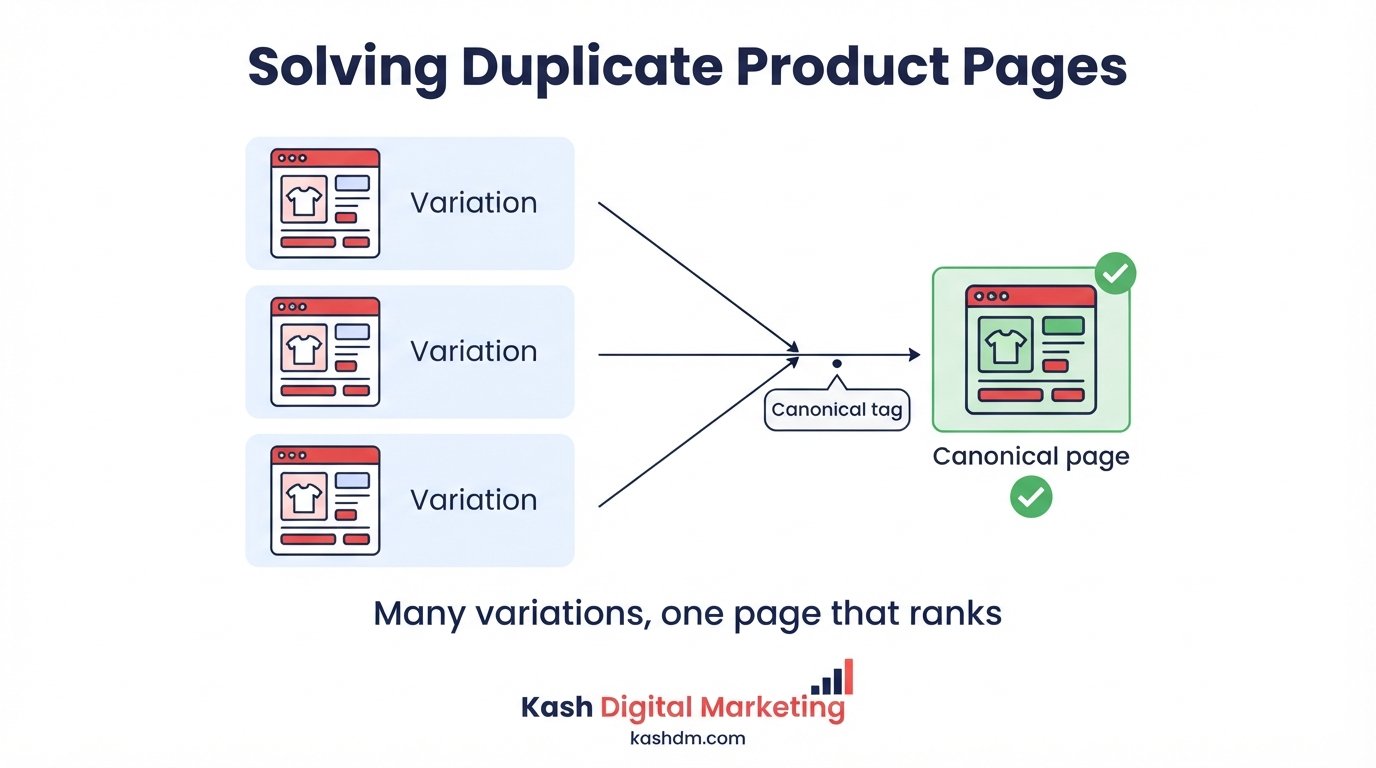 Duplicate content in ecommerce: manufacturer descriptions, filtered URLs and syndicated listings consolidated with canonicals.