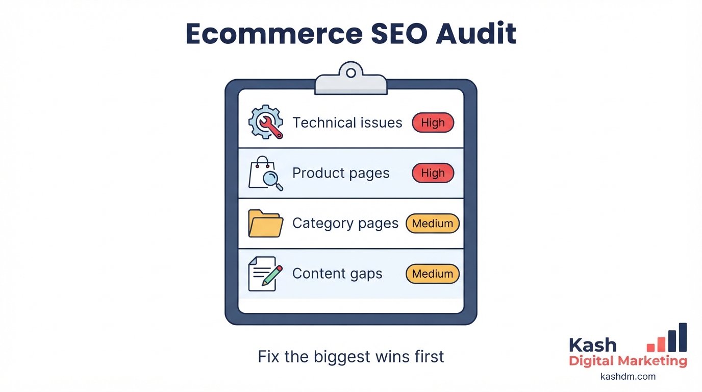 Ecommerce SEO audit: technical, content and competitive review producing a prioritized action plan.