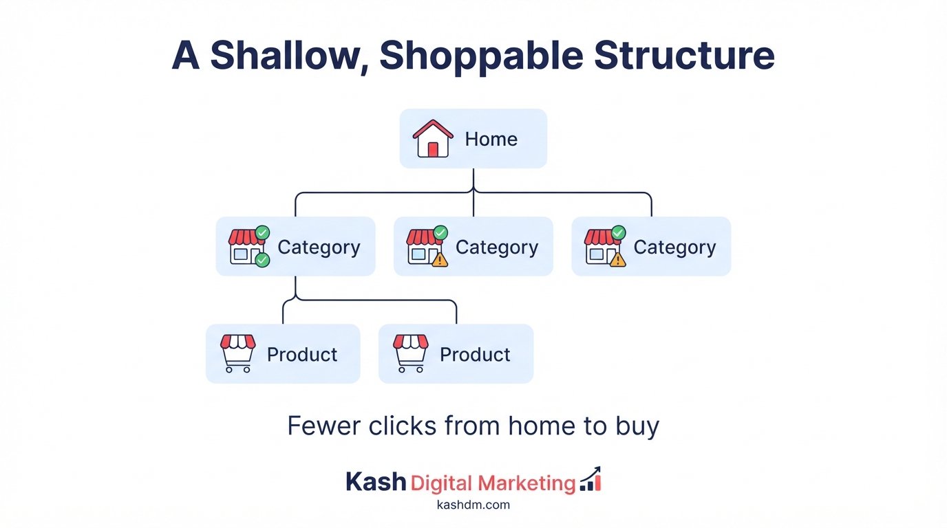 Ecommerce site architecture: a clean hierarchy from homepage to category to product within three clicks.