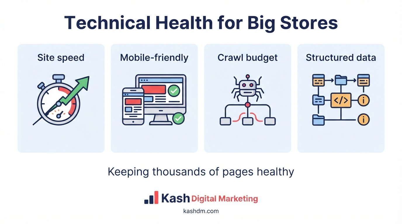 Ecommerce technical SEO: crawl budget, sitemaps, site speed and structured data for a large product catalog.