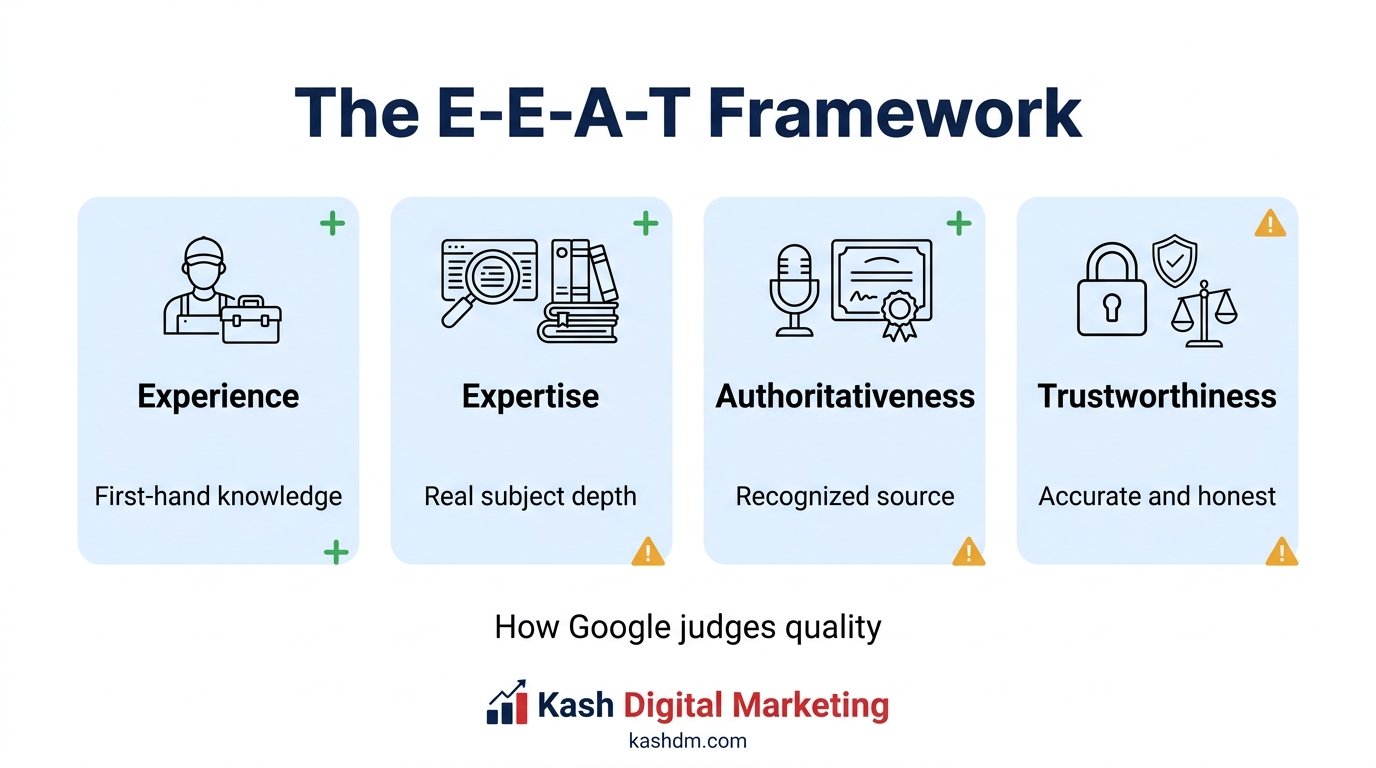 E-E-A-T framework: Experience, Expertise, Authoritativeness and Trustworthiness.