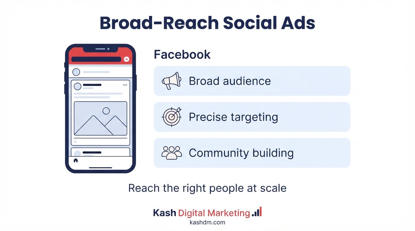 Facebook marketing and Meta ads: organic page growth combined with precisely targeted paid campaigns.