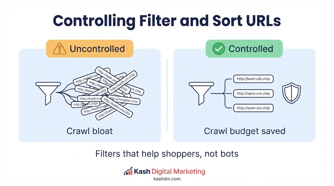Faceted navigation SEO: filter combinations sorted into indexable pages, canonicalized pages and blocked pages.