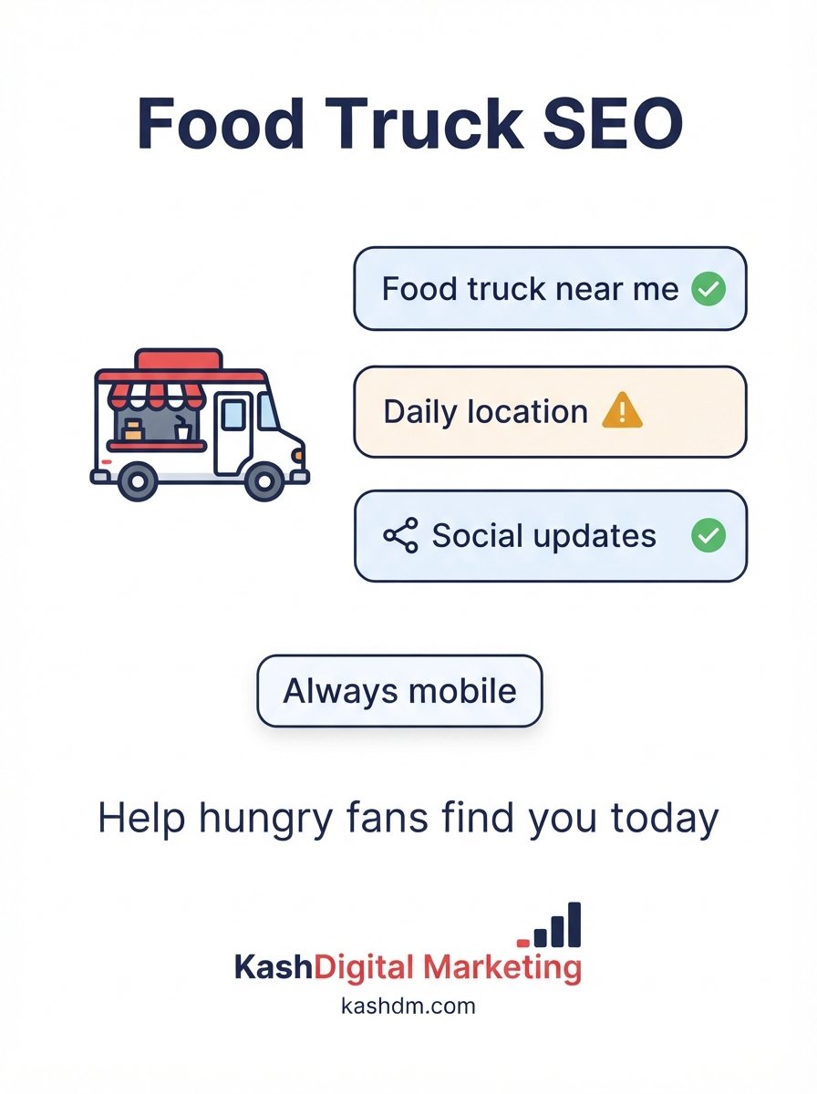 Food truck SEO: a mobile business Google profile with daily location updates and social integration.