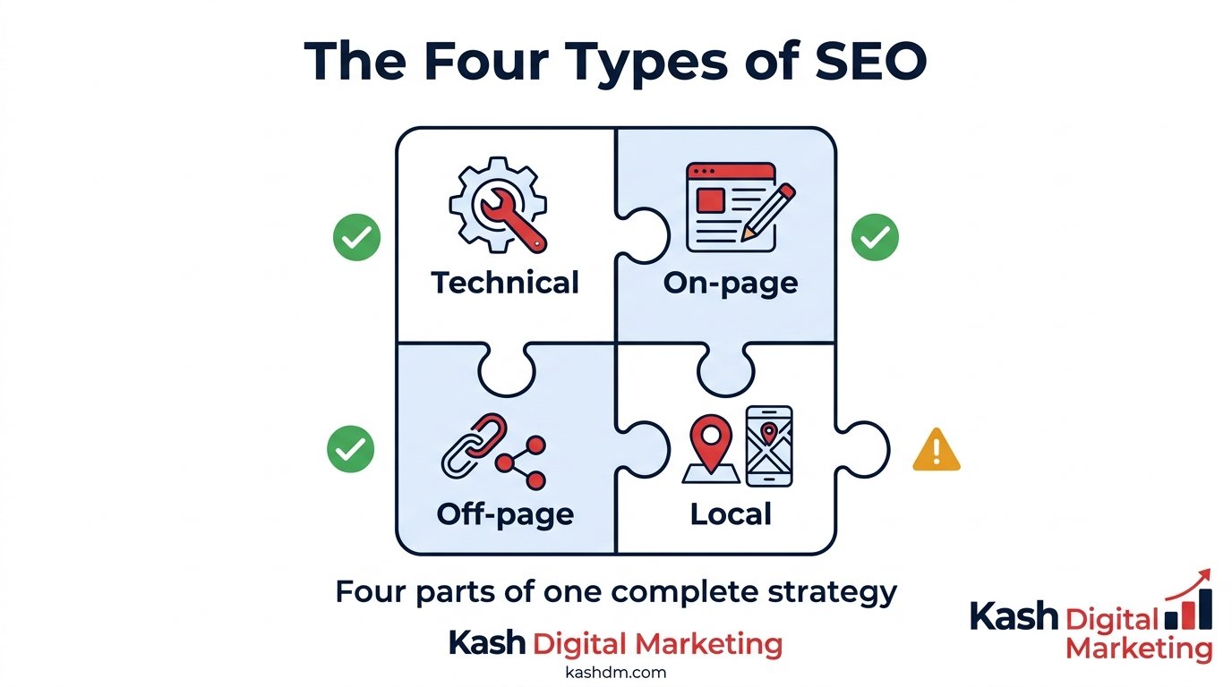 The four main types of SEO: technical, on-page, off-page and local, shown as interlocking pieces.
