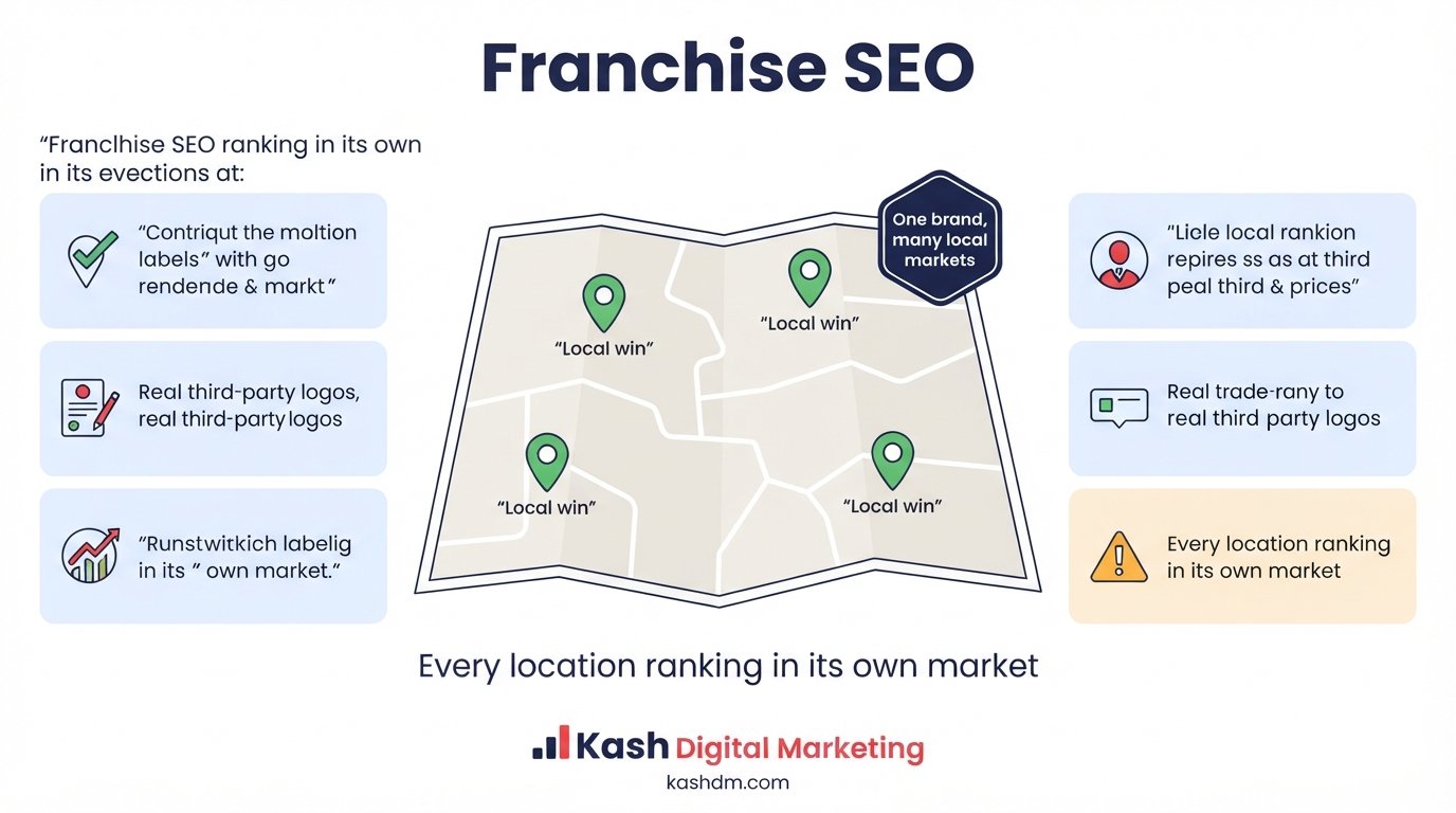 Franchise SEO: a map of multiple franchise locations each ranking in its own local market.