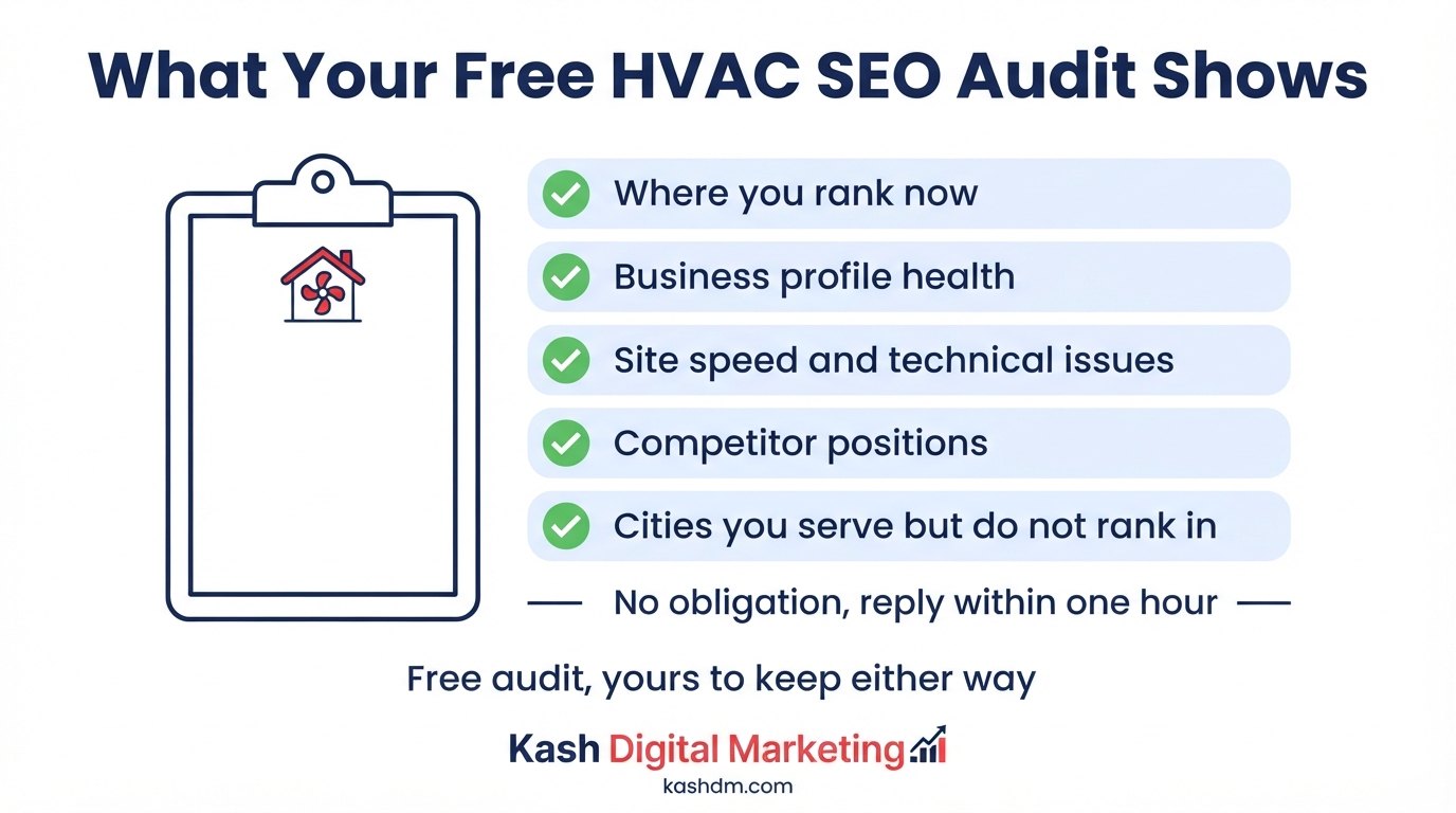 Free HVAC SEO audit: rankings, Google Business Profile health, technical issues and competitor gaps in one report.