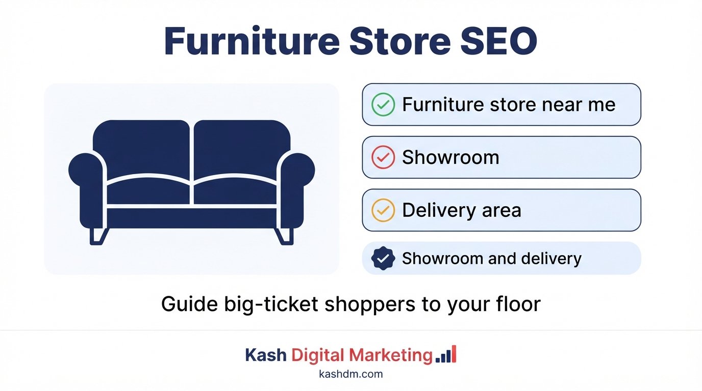 Furniture retailer's Google profile with showroom photos and delivery area information.