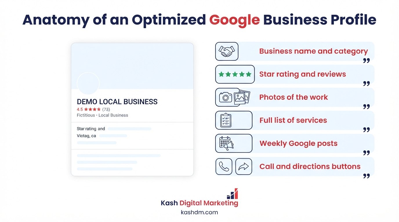 Google Business Profile optimization: a labeled profile card showing business name and category, star rating and reviews, photos, services, weekly posts, and call and directions buttons.