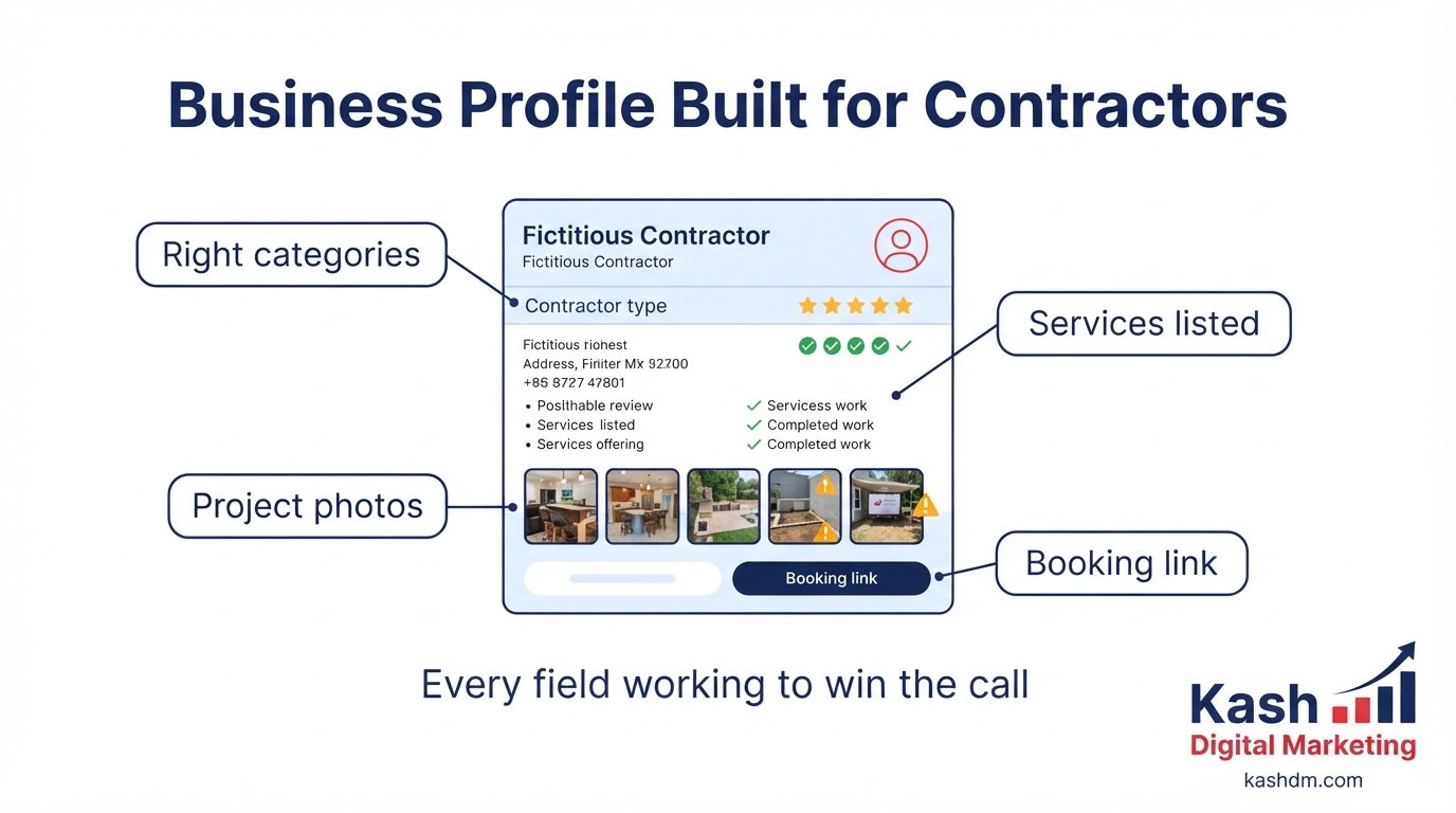 Google Business Profile for contractors: categories, services, project photos and booking links optimized.