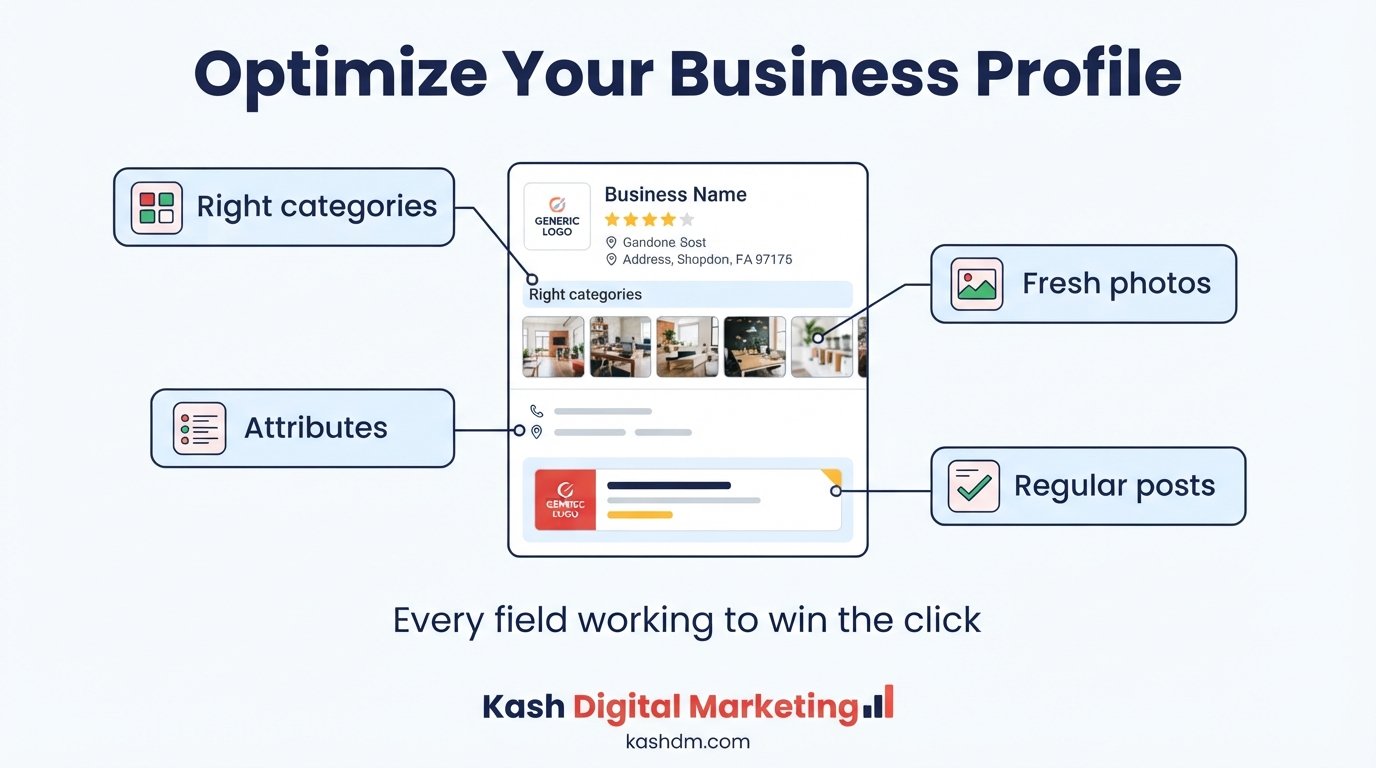 Google Business Profile optimization for restaurants and retail: categories, photos, attributes and Google Posts.