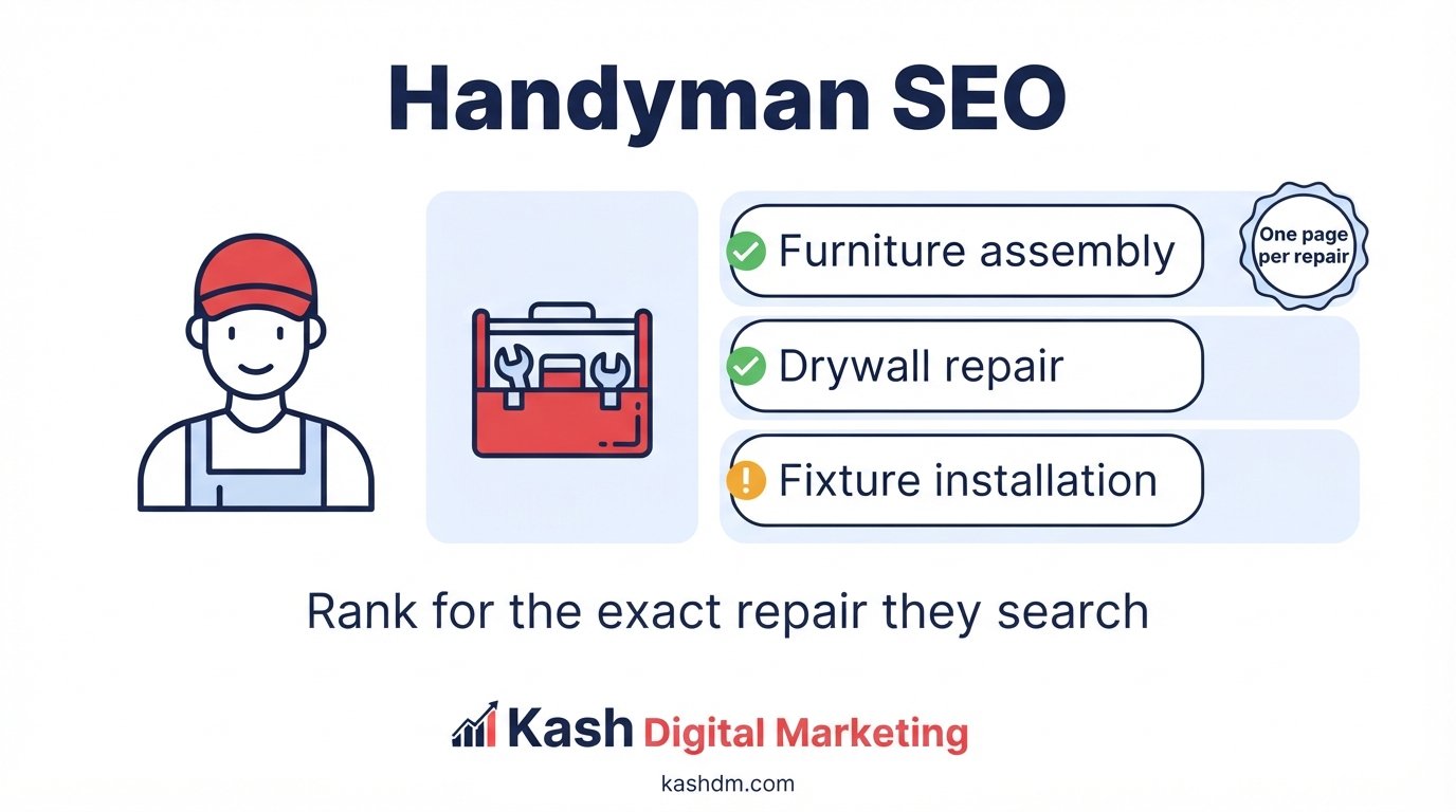 Handyman SEO: a services page organized by specific small-repair searches homeowners actually type.
