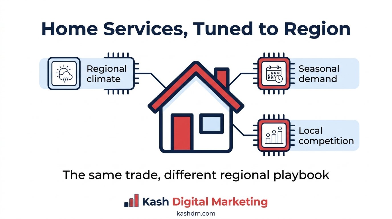 Local SEO for home services companies calibrated to regional climate and seasonal demand.