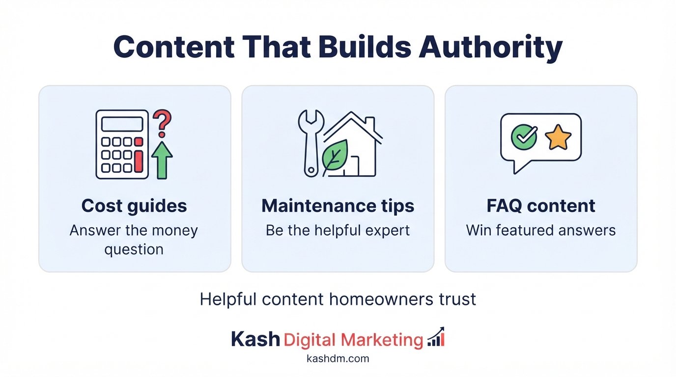 Home services content: cost guides, maintenance tips and FAQ content building trust and topical authority.