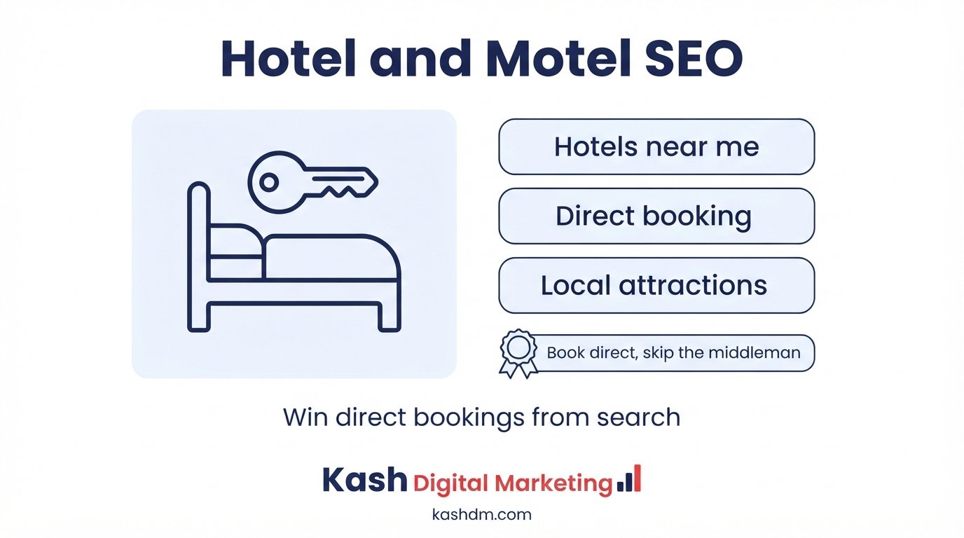 Hotel and motel SEO: a property's Google profile with direct booking link, room photos and local attraction content.