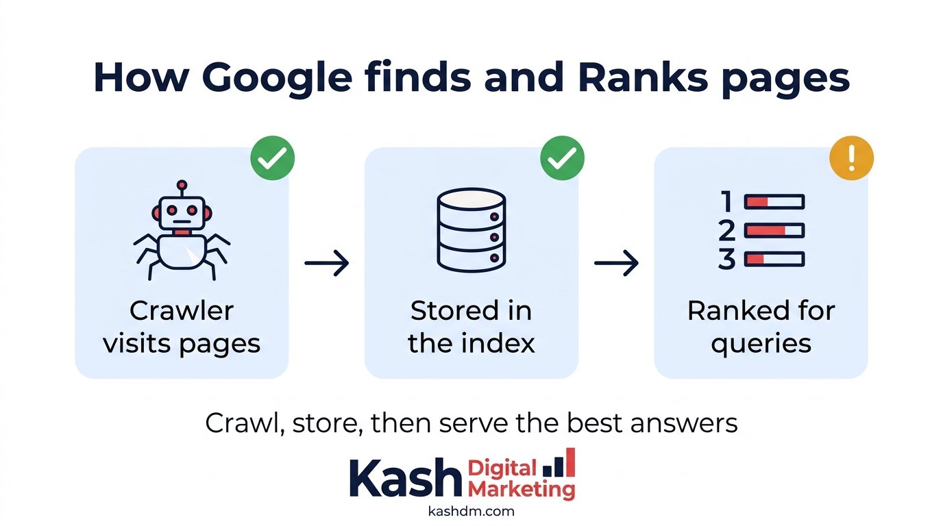 How Google works: Googlebot crawling pages, storing them in the index, and ranking them for search queries.
