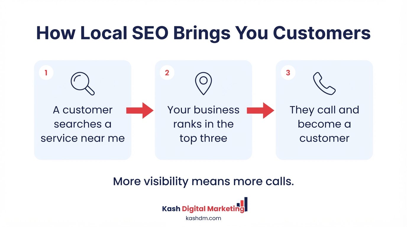 Local SEO services near me: a three-step flow where a customer searches a service near me, the business ranks in the top three, and the customer calls.