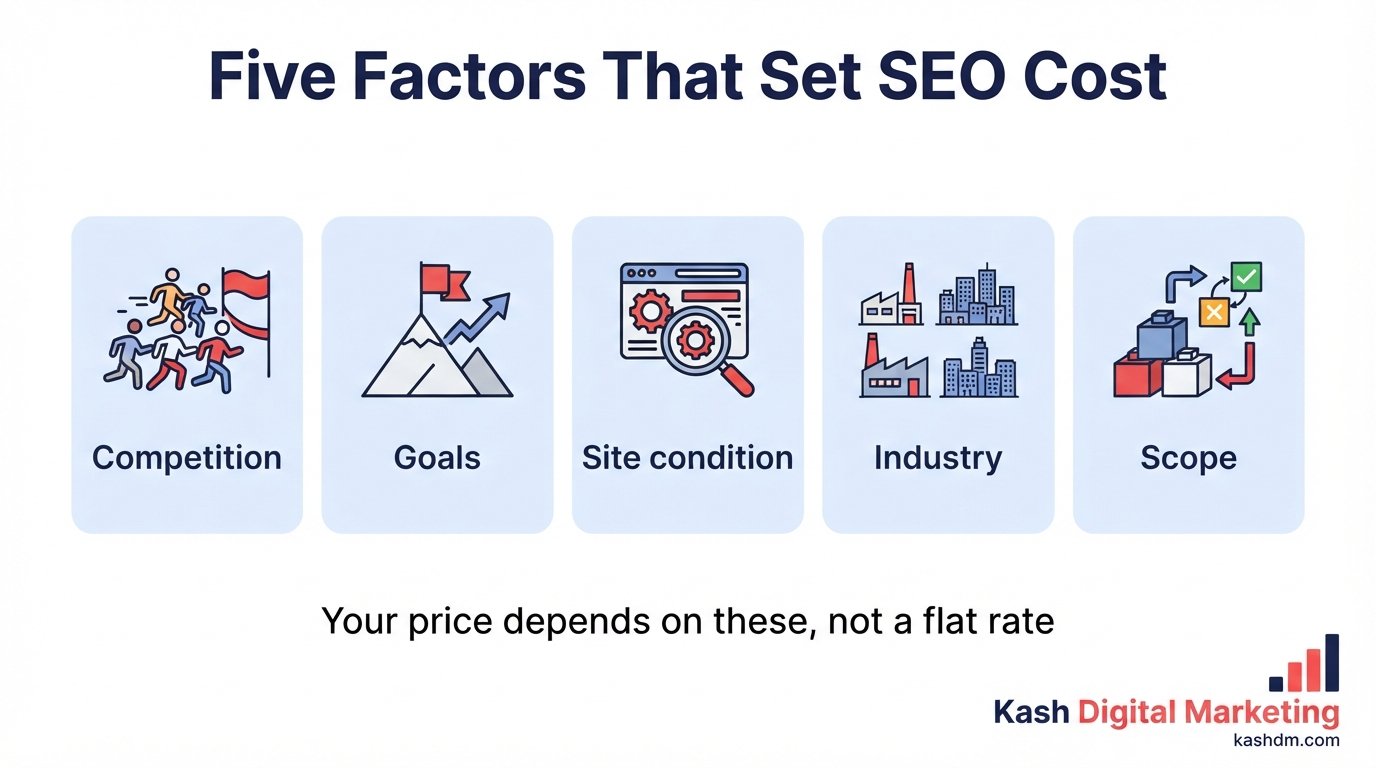 How much does SEO cost: five factors that determine SEO pricing for any business.