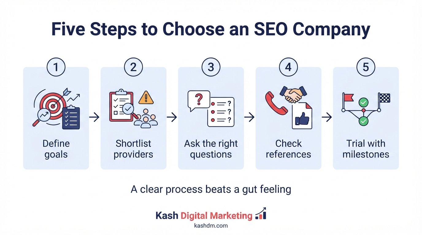 How to choose an SEO company: a five-step process from defining goals to a trial period with milestones.