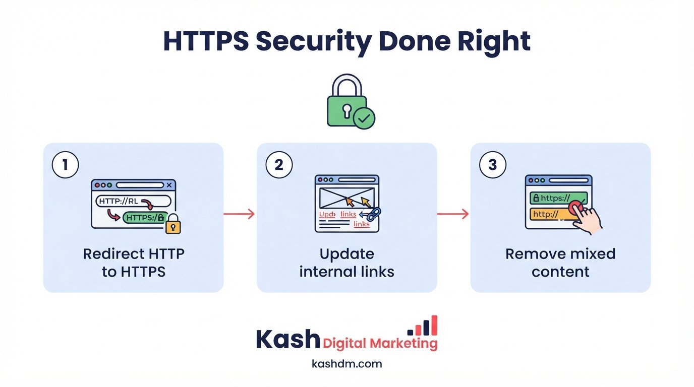 HTTPS security migration: correctly redirecting, updating internal links, and eliminating mixed content warnings.