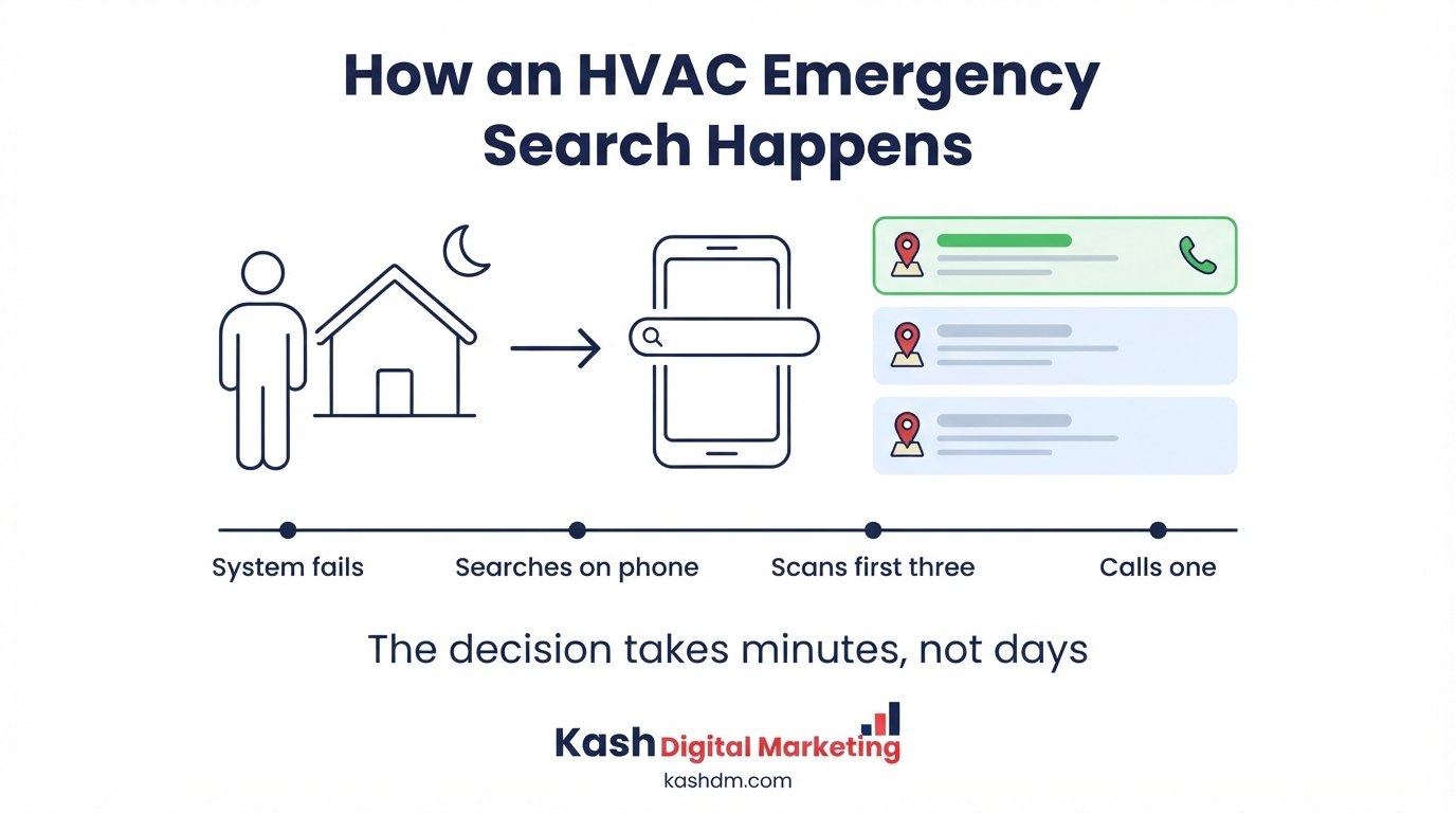 HVAC emergency search behavior: a homeowner searching AC repair near me at night and calling one of the top three results.