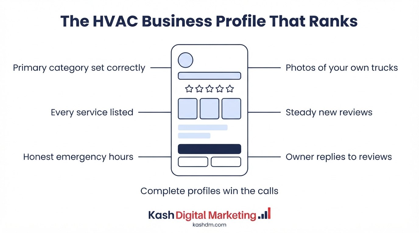 Google Business Profile optimization for HVAC: a labeled profile showing categories, services, hours, photos and reviews.