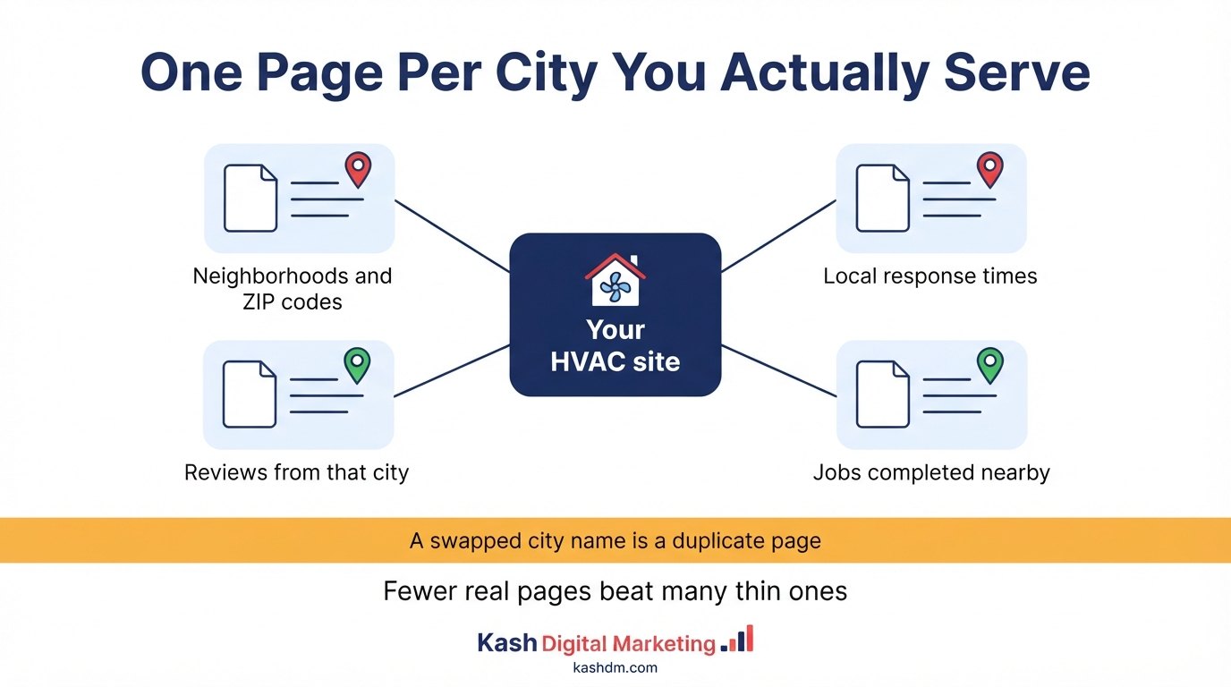 HVAC location pages: city pages with neighborhoods, response times and local reviews ranking across a service area.