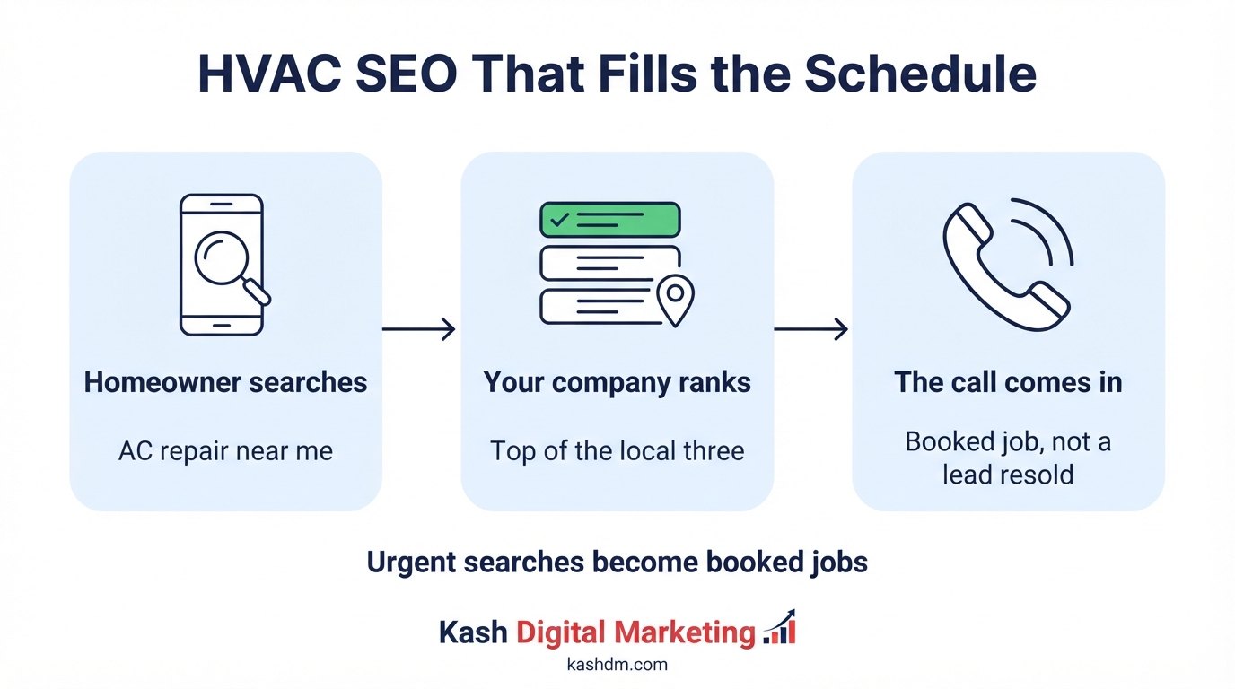 HVAC SEO services: a heating and cooling contractor ranking in the Google map pack and taking more booked calls.