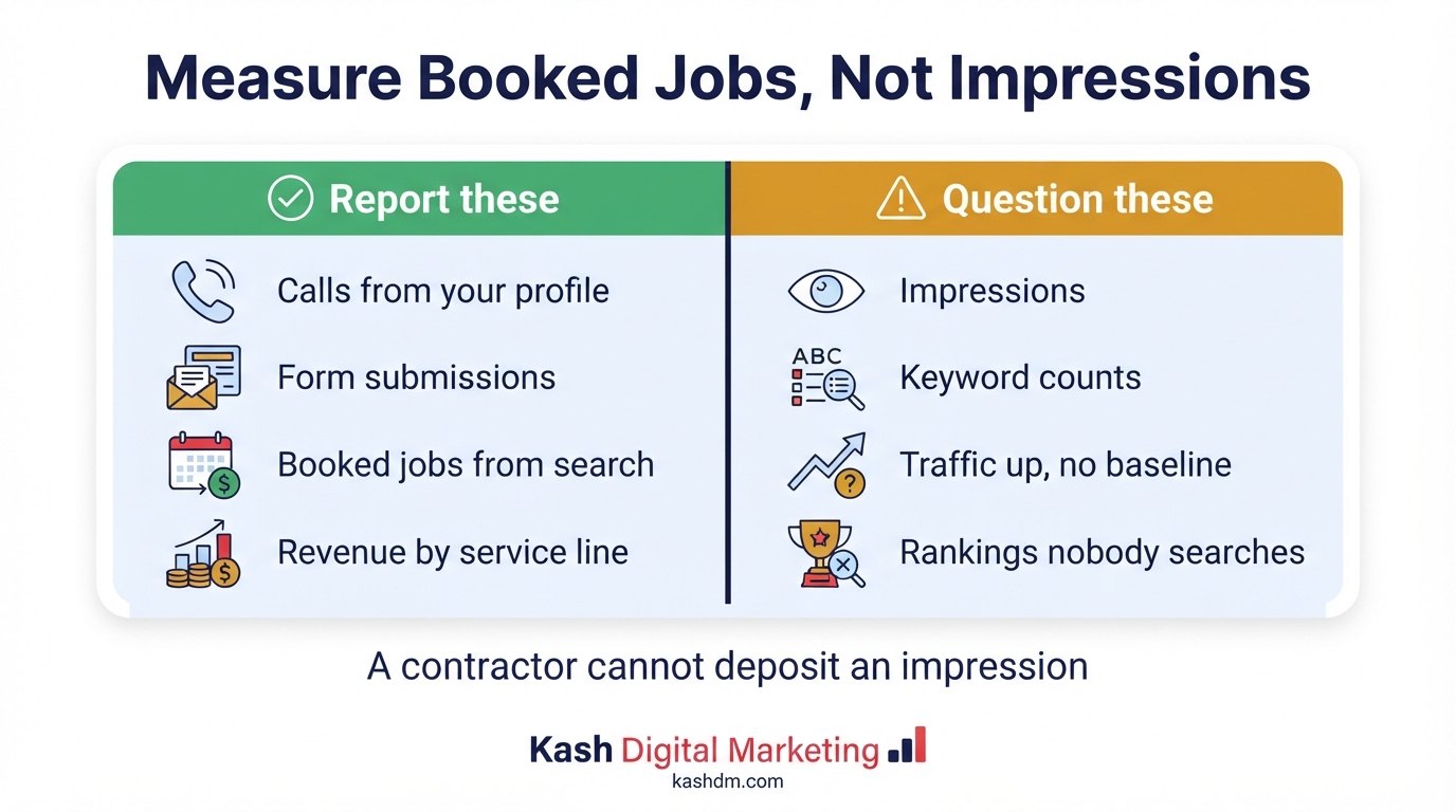 Measuring HVAC SEO: booked jobs, calls and revenue by service line instead of impressions and vanity rankings.