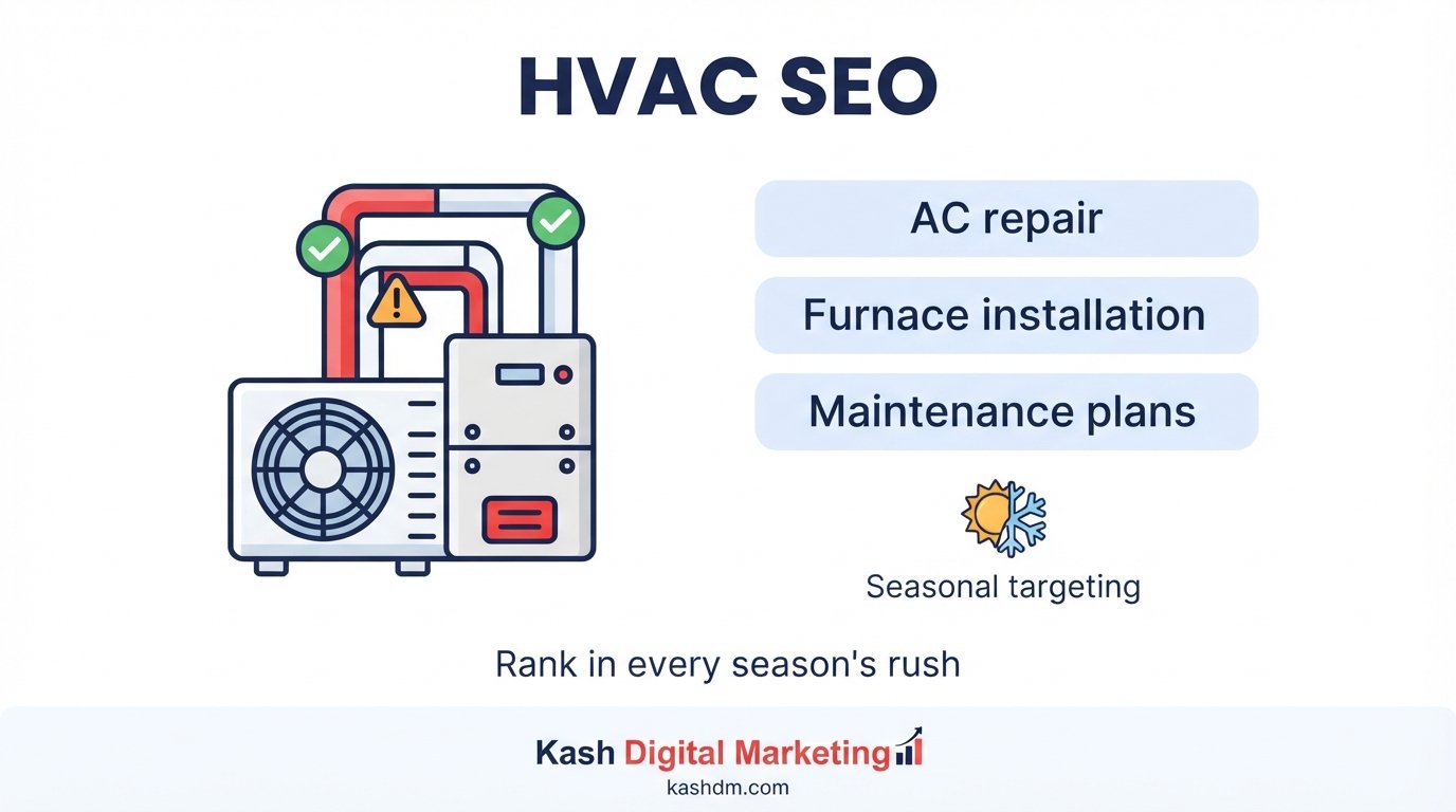 HVAC SEO services: seasonal keyword targeting for AC repair, furnace installation and maintenance plans.