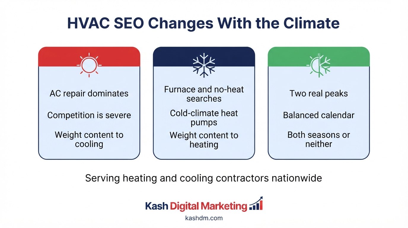 HVAC SEO across the US: cooling-dominant, heating-dominant and mixed-climate markets needing different content weighting.