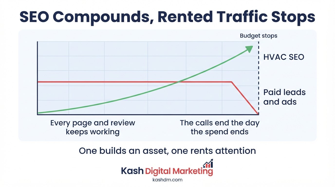 HVAC SEO versus paid leads: compounding organic visibility compared with rented ad and lead-platform traffic.